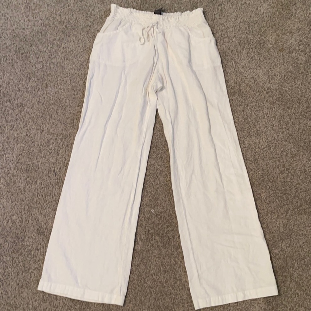 White linen drawstring elastic waist pants, trouser cut, size large